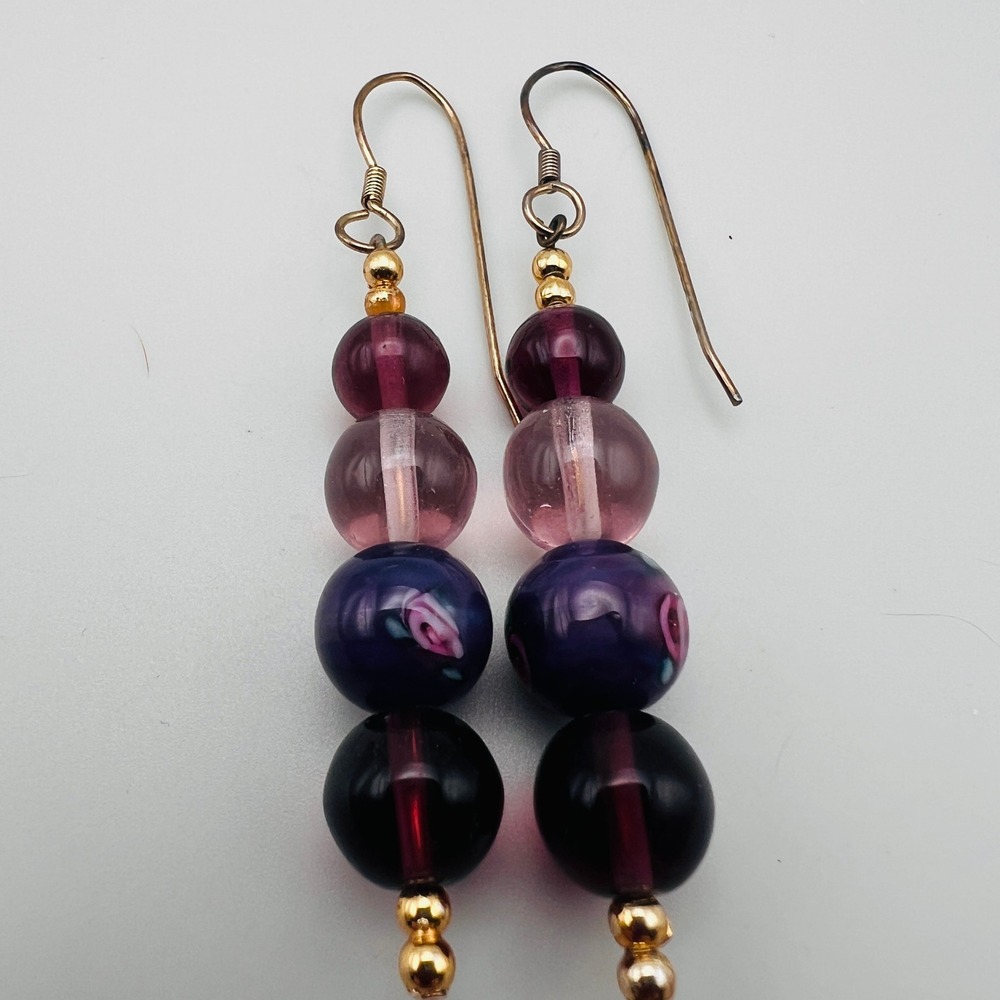 Handmade Glass Floral Lampwork Earrings Pink Purple Bead Drop Dangle Pierced